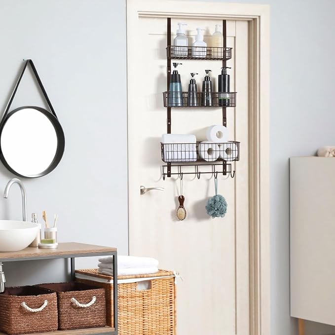 ETELI Over the Door Basket Organizer 3 Tier Hanging Basket Door Shelf Rack Heavy Duty Over Door Pantry Organizer with 3 Metal Baskets for Kitchen Bathroom Bedroom Living Room, Dark Brown