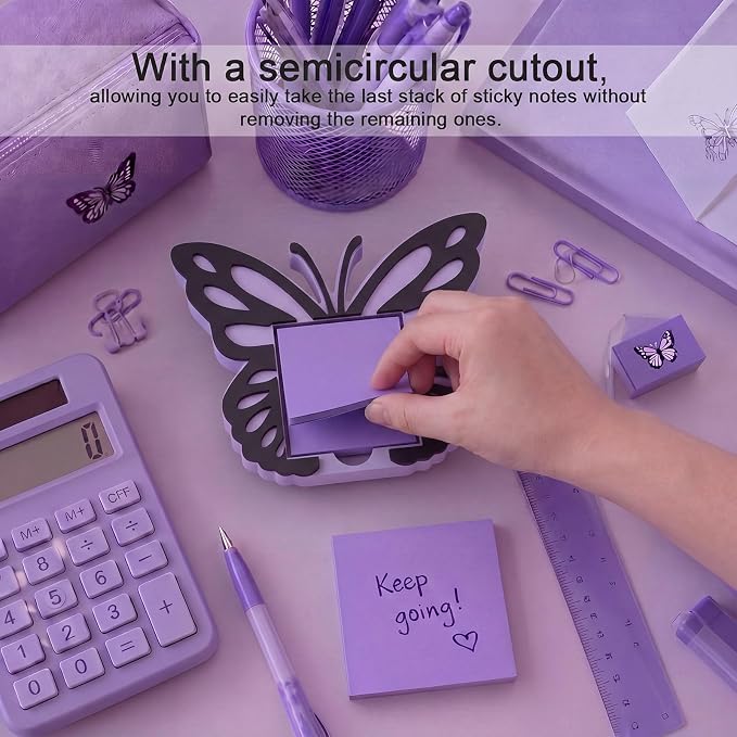 Purple Butterfly Sticky Note Holder Large Wood Notepad Dispenser 3 x 3 Sticky Notes Organizer Cute Self Stick Memo Pad Holder for Desk Office Back to School Gift, No Pads Included
