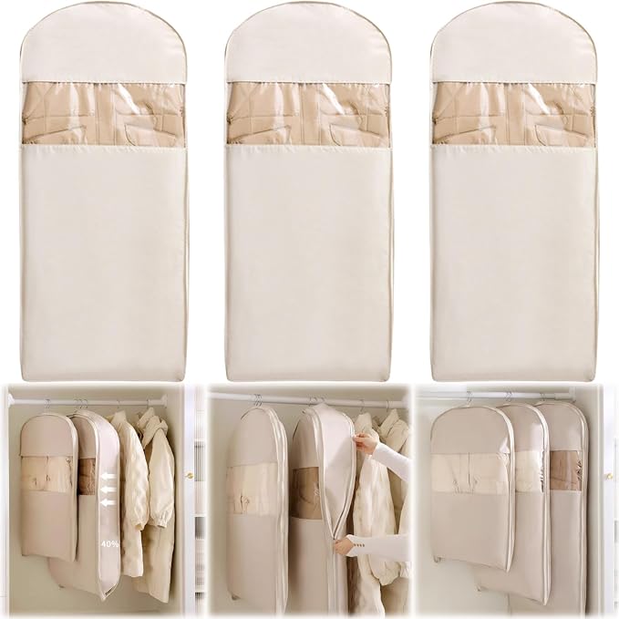 3PCS Space Saving Hanging Garment Bag with Self Compression Zipper, Compression Space Saver Closet Storage Organizers, Dust Cover Clothes Bags for Down Coat (Beige,X-Large)
