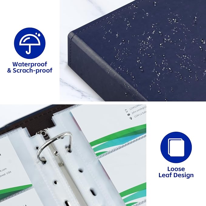 BYSTER A4 Business Card Book, PU Leather Organizer with 30 Pack Sleeves (600 Pockets), Business Card Binder for Credit Cards, Membership Cards, and More - Blue