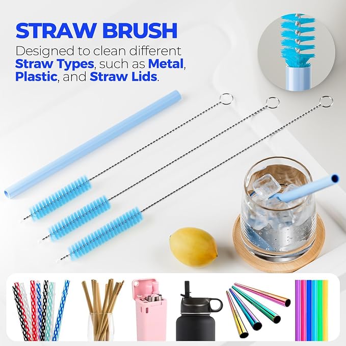 Holikme 6 Pack Bottle Brush 14" Stainless Steel Straw Cleaner Brush,Blue | Bottle Cleaner Brush, 3 Straw, Bottle Cleaning Brush for Water Bottle, Baby Bottle Brush, Antistatic Brushes