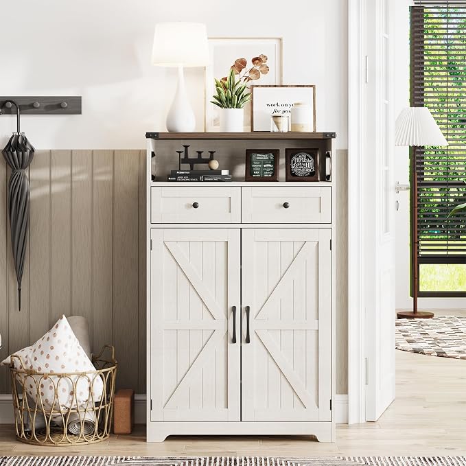 Maupvit Shoe Cabinet with Doors, 6-Tier Farmhouse Shoe Storage Cabinet with 2 Drawers & Adjustable Shelves, Shoe Cabinet Storage for Entryway, Wood Shoe Rack Organizer for Living Room Foyer Hallway