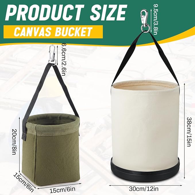 2 Pcs Lineman Canvas Tool Bucket Set Large Canvas Bucket and Mini Tapered Bottom Bag Electrician Aerial Work Tool Organizer with Plastic Bottom & Metal Hook