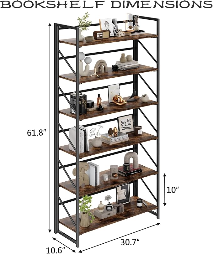 JSB 6 Tier No Assembly Folding Bookshelf, 30.7" Wide Foldable Storage Bookcase for Home Office, Space-Saving Storage Shelf for Living Room (Fire Brown)