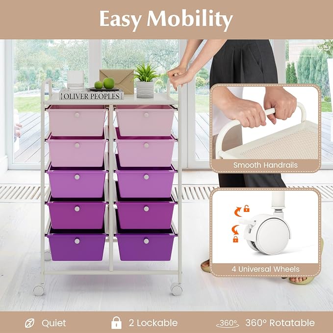 Moccha 10-Drawer Rolling Storage Cart - Under Desk Storage Drawers with wheels for Craft Art Supply Paper Salon, Scrapbook Paper Tools, Mobile Utility Cart for Classroom, Gradient Purple