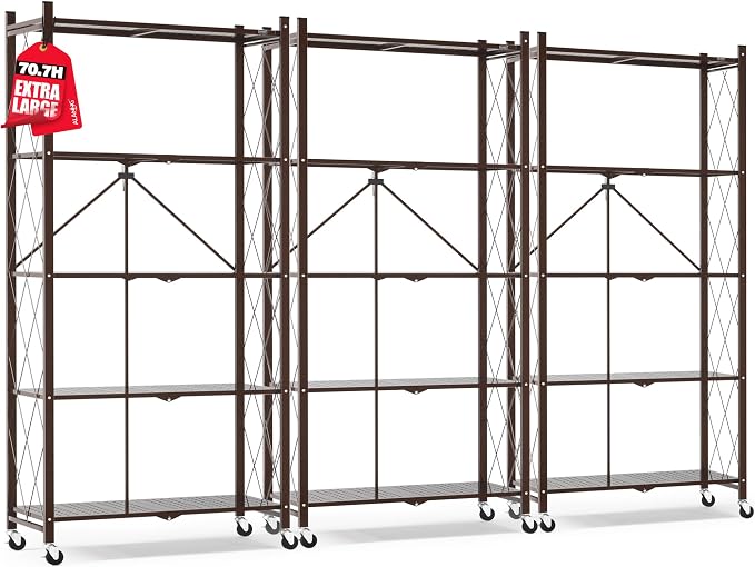 ALANNG 70.7" H Metal Storage Shelves, 5 Tier Folding Shelf on Wheels | Heavy Duty, No Assembly, Rolling, Collapsible Rack Unit for Kitchen, Basement, Pantry (Vintage Brown,3 Pack)