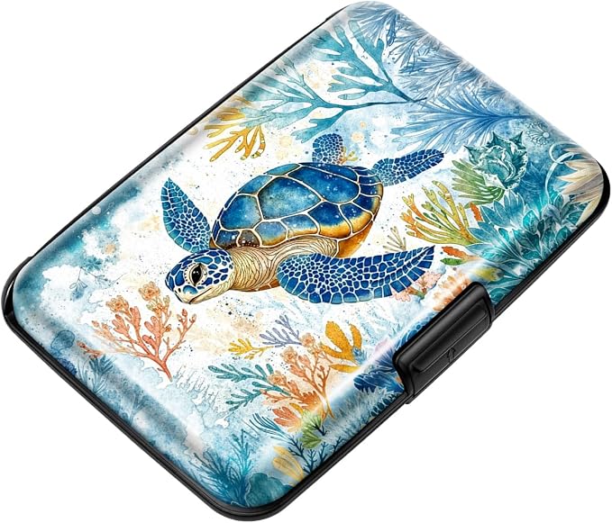 Coco Rossi Credit Card Holder RFID Aluminum Small Mini Wallet Women | Metal Wallet, Business Cards Holder, ID Case, Slim Sleeves, Womens Girls Gift, Carry Proof Wallets for Travel, Sea Turtle