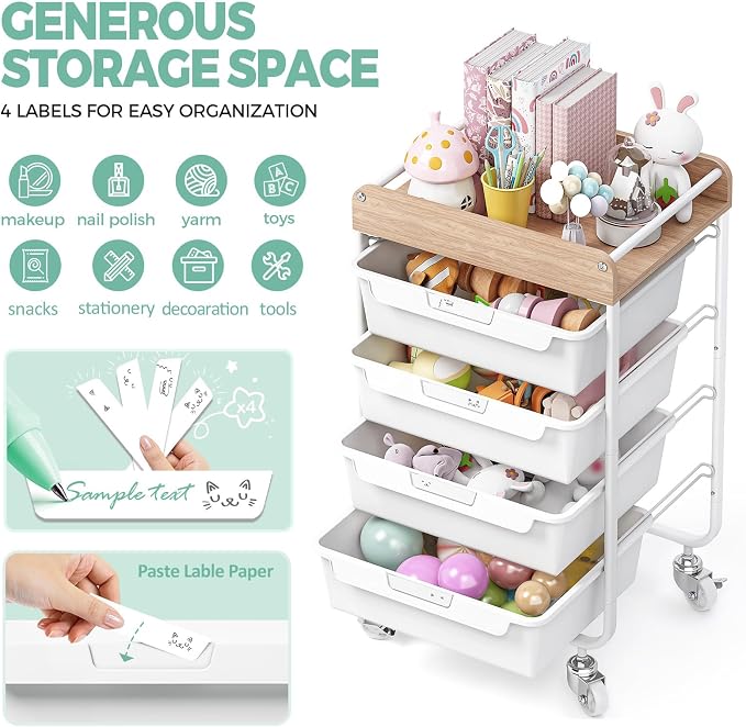 Rolling Craft Storage Cart with 4 Drawers,Utility Cart with Drawers,Art Craft Organizers and Storage,Kids Craft Cart,Kids Art Cart With DIY Lable and Wooden Tabletop Area,White