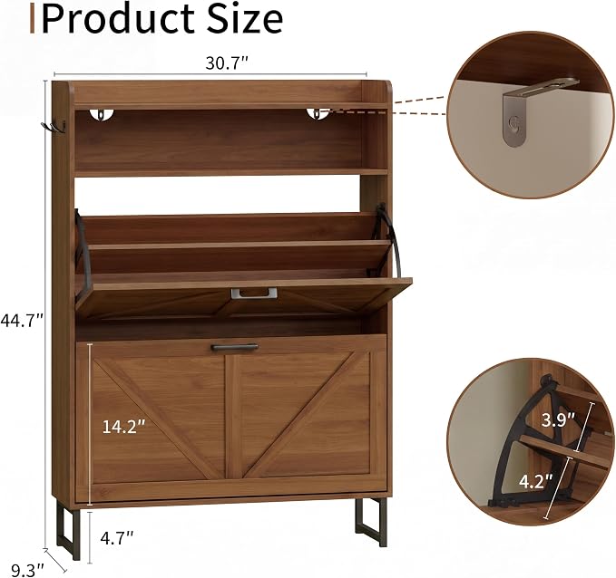 Shoe Cabinet with 2 Flip Drawers, Freestanding Hidden Shoe Storage Organizer for Entryway, Narrow Slim Shoe Rack Cabinet with Open Storage & Hooks for Front Door Entrance, Living Room, Hallway, Walnut
