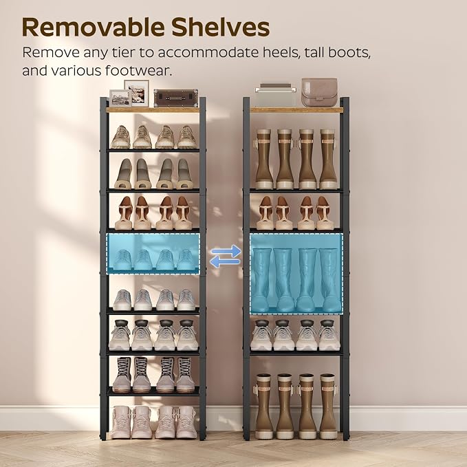 YATINEY 8-Tier Narrow Shoe Rack, Tall Shoe Rack for 8-16 Pairs, Slim Shoe Storage Organizer with Wooden Top, Space Saving, Metal Frame, for Entryway, Rustic Brown and Black SS608BR