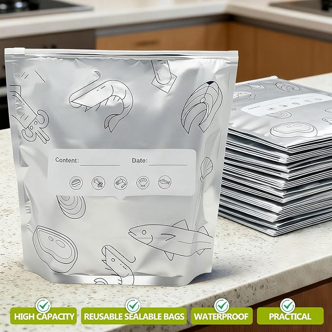 Aluminum Foil Food Storage Bags, Reusable Freezer Bags for Refrigerator, Stand Up Airtight Vacuum Sealer Bags, Heavy Duty Smell Proof Lock Freshness, Perfect for Meat, Vegetables (30, Large)