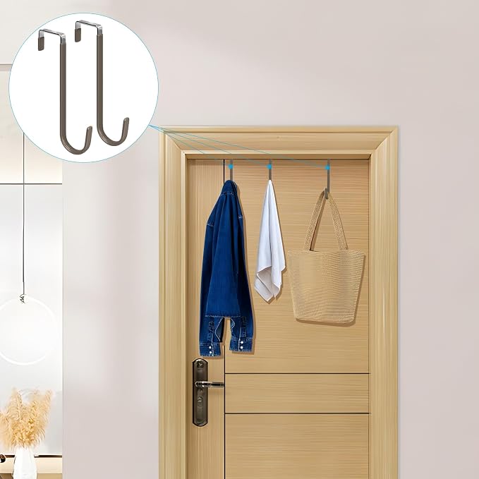 FYY Over the Door Hooks, Single-Hanger 4 Pack, Fits Doors 1.6" Brown | Heavy Duty Metal, Hold 20lbs, Rubber-Coated, No-Drilling, for Bathroom Dorm, Hanging Towels Clothes Hats Bags Coats Wreaths