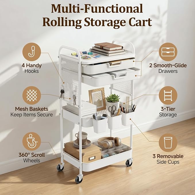 3 Tier Rolling Cart with 2 Drawers, Metal Utility Storage Carts with Wheels | Kitchen Rolling Cart 4.5" Deep Basket, Mesh Side Panel with 3 Cups, 4 Hooks for Office, Bedside, Craft Storage Cart