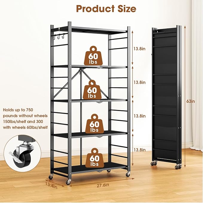 Fenbeli 5 Tier Folding Storage Shelf with Wheels – Heavy Duty Metal Organizer Rack, No Assembly Collapsible Utility Shelving Unit for Garage, Kitchen, Pantry, Basement, Office (Black-B, 5 Tier)