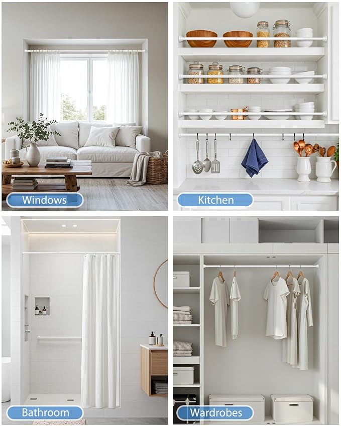Spring Tension Curtain Rod 30 to 63Inch, White Tension Rod Adjustable Curtain Rods No Drilling Expandable Pressure Curtain Rod Tension Rods for Windows,Doorway,Bathroom,Closet