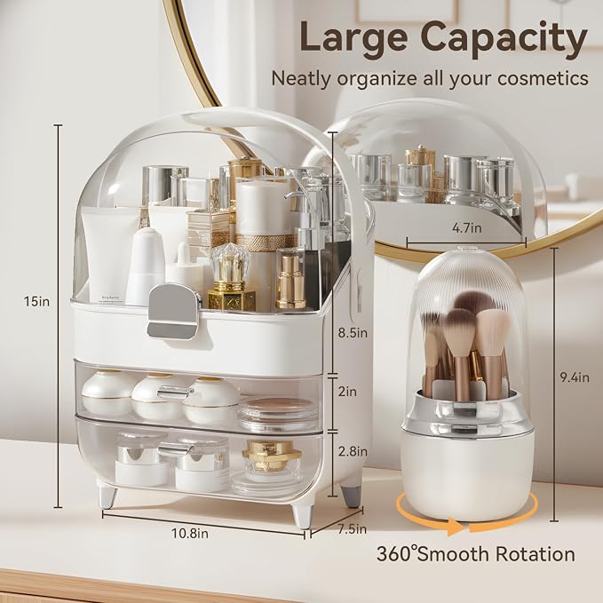 Makeup Organizer for Vanity with Brush Holder, Lid and 2 Drawers, Sliver | Large Capacity Bathroom Counter Organizer for Skincare, Cosmetic Storage, Dustproof, Waterproof, Teen Girl Gifts