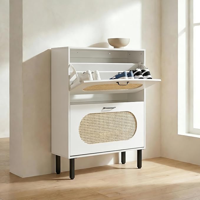 SUNCROWN 2 Flip Drawers Shoe Storage Cabinet, Freestanding Narrow Entryway Organizer, Natural Semi-Circular Rattan Doors, Adjustable Shelves & Anti-Tip Kit, White