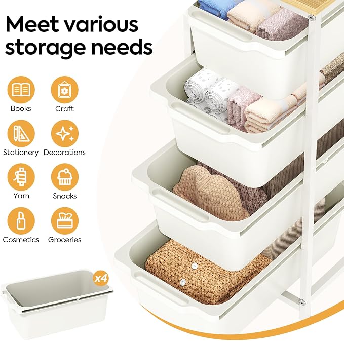 Slim Rolling Storage Cart with 4 Drawers, Craft Organizer, Wooden Tabletop Utility Cart for Bedroom, Children's Room and Office Organization, Table Side Trolley with Lockable Wheels, White