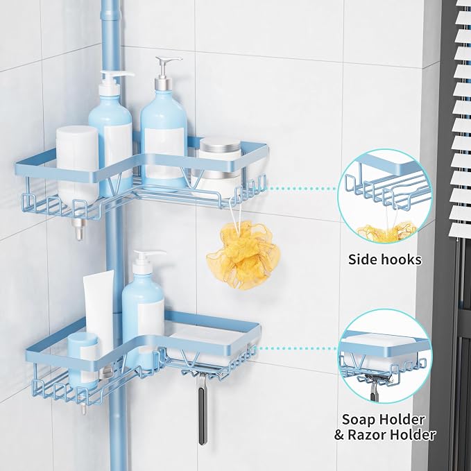 KEGII Shower Caddy Tension Pole, 4-Tier Rustproof Adjustable Corner Bathroom Organizer for Renters, 25–114.2 Inch No Drill Space-Saving Shower Storage Rack, Blue