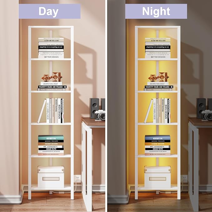 TUTOTAK 6-Tier Corner Bookshelf with LED Light,Corner Shelf for Small Space, Narrow Display Corner Shelf Stand with Storage Rack, for Living Room, Bedroom, Pure White V1BS05BW006L