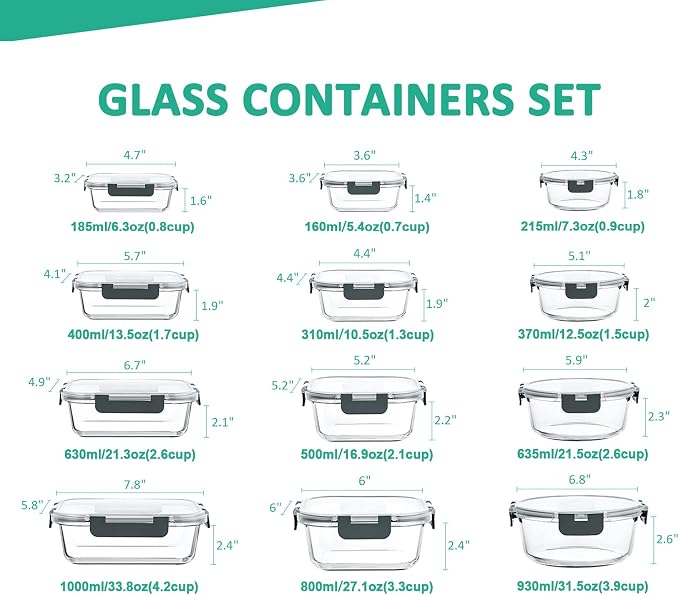 KOMUEE 24 Pieces Glass Food Storage Containers Set, Meal Prep Containers, BPA-Free Airtight Glass Storage Containers with lids,Freezer, Microwave and Oven Safe,Gray