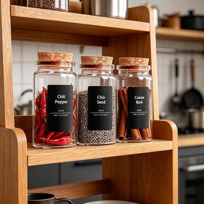 Spice Jar Labels - 275pcs Black Preprinted Waterproof Stickers for Pantry Organization for Kitchen Jars Caps Food Containers Spice Organizers