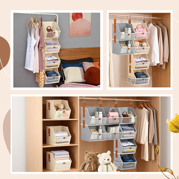 Fabric 4 Tier Hanging Closet Organizers Heavy Duty Shelf Hanging Storage Towel Clothes Sweater Jeans Bag Organizer For Closet For Bedroom,Dorm,RV,See Through Front Panel, Space-Saving (Grey-4Tier)