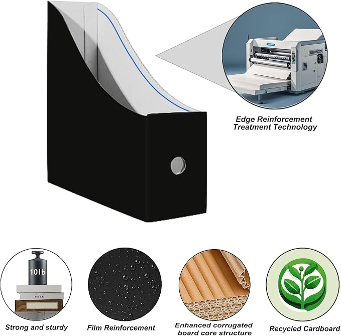 Limitliho 6 Pack Black Cardboard Magazine Holder for Desk, Book Bins for Classroom Library,Office,Home, 10.6" H x 10.2" L x 3.5" W in Magazine File Holder