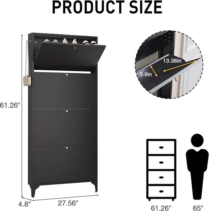 Shoe Cabinet with 4 Flip Drawers-Metal Narrow Shoe Rack for Entryway,Hallway,Living Room-Hidden Metal Shoe Cabinet-Freestanding Shoe (4 Door Width 27.56, Black)