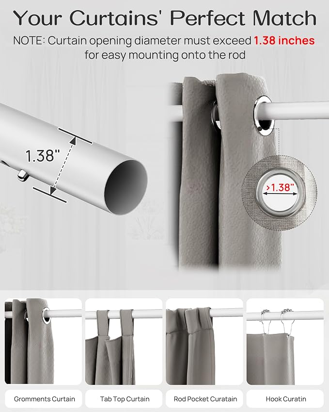 Tension Curtain Rod By EZFurni, 123-160 Inches, Heavy Duty Tension Rod, Adjustable Curtain Rods No Drilling & Easy Assemble Extra Long Tension Rod, White