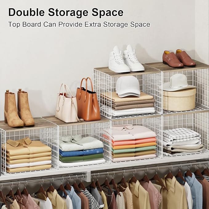 Closet Organizers And Storage Shelf, 3Pack Stackable Closet Storage Bin Basket For Clothes Sweaters With Top Board, Widened Opening, Heightened Height, Large Capacity Sturdy Clothing Storage Organizer