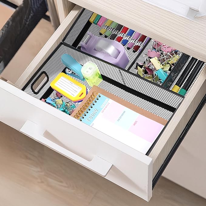 Desk Drawer Organizer, Office Drawer Divider Organizer Tray 3 Pack, Metal Mesh Desktop Organization and Accessories for Stationery Makeup Kitchen Toolroom Office