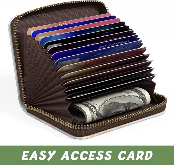 Aiawoxc Credit Card Holder for Women, Small RFID Wallet Slim Leather Card Organizer Case with Zipper and Keychain, Grey Marble