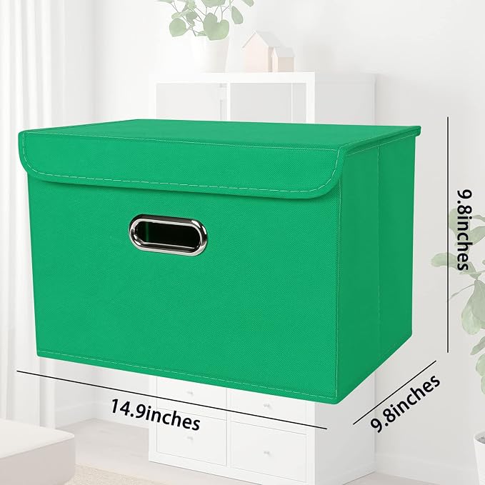 STOREONE Fabric Storage Cube Bins Foldable Organizer Container Collapsible Basket with Lids and Metal Handles, for Home, Bedroom, Closet 3 Pcs (Green)