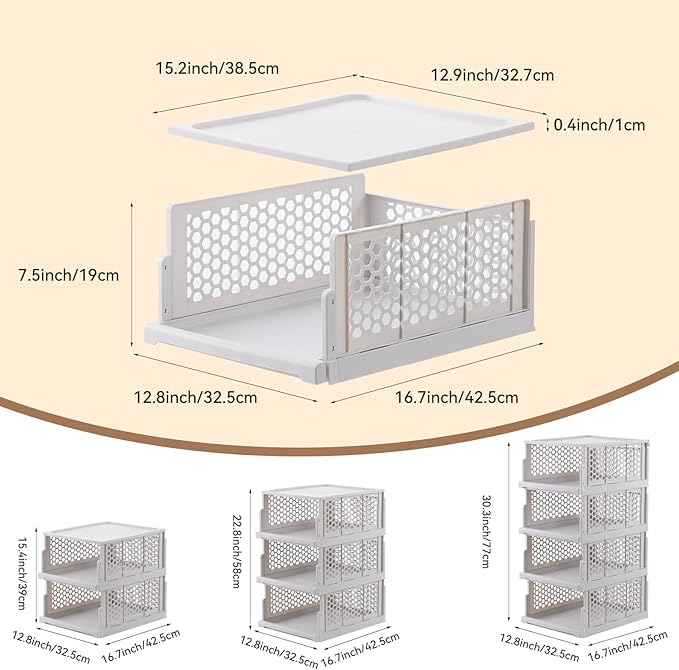 Pull-out Plastic Storage Basket with a Lid,Stackable Closet Organizers Drawer Anti-Tipping,Stable Shelf Container for Bathroom Laundry Room Storage, Space-Saving Clothes Storage (White Gray, L-4 pack)