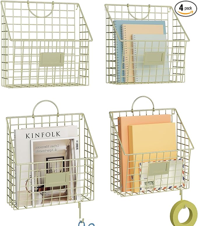 Yuzehuaza Wall File Organizer Mesh Hanging Wall Files Holder,Magazine Rack and Mail Basket with Hooks, Office Wall Organizer for Papers Folders Files Clipboard 4 Packs, Gold(Patent Pending)