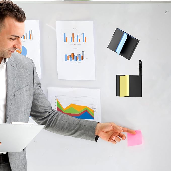 4Pcs Sticky Note Dispenser, Magnetic Sticky Note Holder for Post It Notes, 3 x 3 Inch Sticky Note Pen Organizer for Office Home Classroom, Black