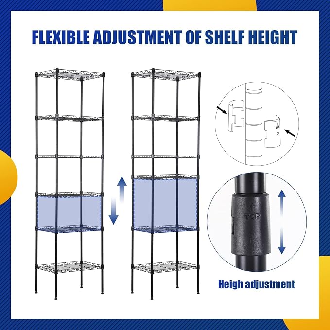 Meet perfect 6-Tier Wire Shelving Unit, 600 lbs Capacity Heavy Duty Metal Storage Rack, Adjustable Height Standing Shelf Organizer for Kitchen, Pantry, Garage, 63.6" H x 16.7" W x 11.8" D