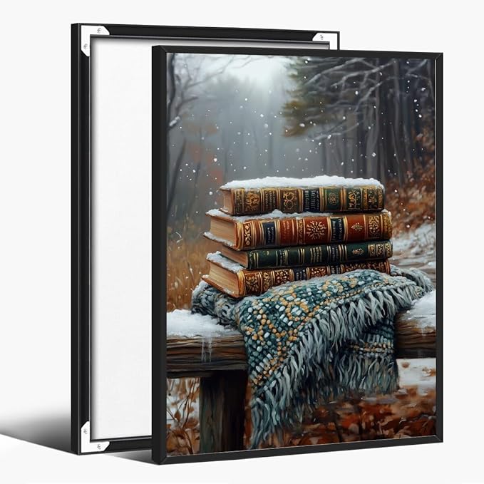 Vintage Books Winter Book Lover Art Aesthetic Poster Canvas Wall Art Decoration Living Room Home Decor Bedroom Decoration Poster black framed16x24inch