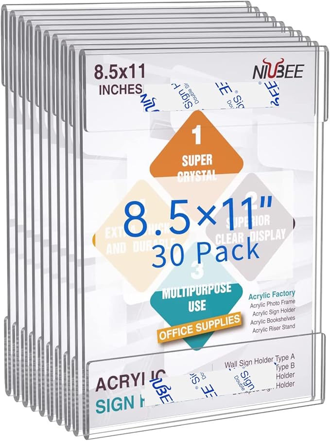 Niubee 8.5x11 inch Wall Mount Acrylic Sign Holder with Double Sided Adhesive Tape for Office, Home, Store, Restaurant-No Drilling (30 Pack) clear