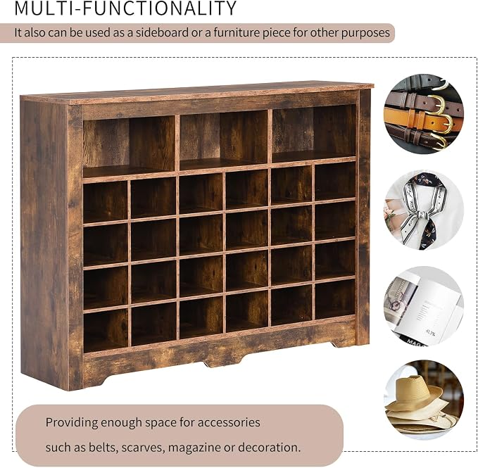 Harper & Bright Designs Sleek Design 24 Shoe Cubby Console, Modern Shoe Cabinet with Curved Base, Versatile Sideboard for Hallway, Bedroom, Living Room, Rustic Brown