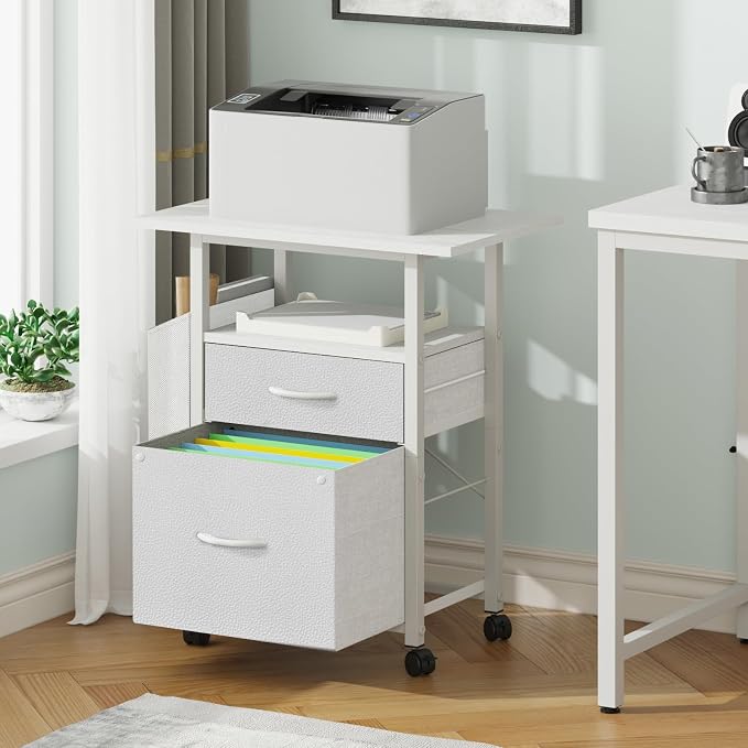 GYIIYUO 2 Drawer File Cabinet with 24'' Extended Desktop, Mobile | Rolling Filing Cabinet, Side Bag, Fits A4/Letter Size, Rolling Printer Stand, Home Office, Fabric Drawer, White