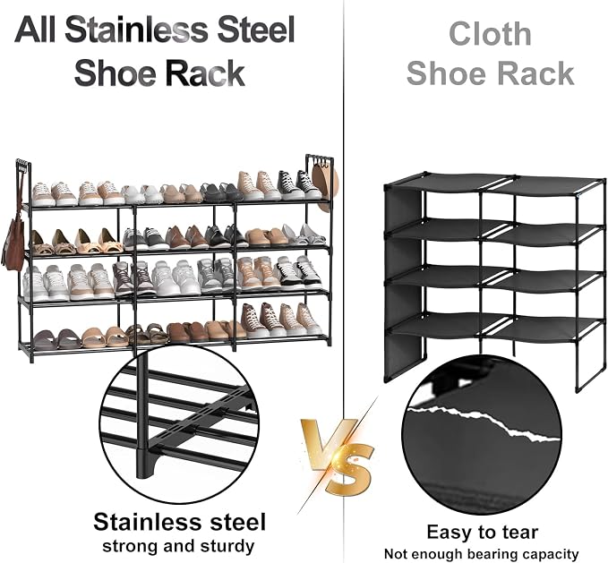 3 Row 4 Tier Long Shoe Rack, Black Metal Stackable Shoe Shelf with Multifunctional Hooks, Shoe Storage Hold 24-30 Pairs, Space Saving Shoe Organizer for Closet,Wide Shoe Rack