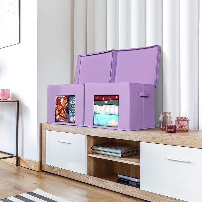 Univivi Foldable Fabric Storage Boxes Large Storage Bins with Lids [4-Pack] Collapsible Storage Cubes Organizer Containers Organization Baskets for Home, Bedroom, Closet (Purple, 17“ x 12” x 12")