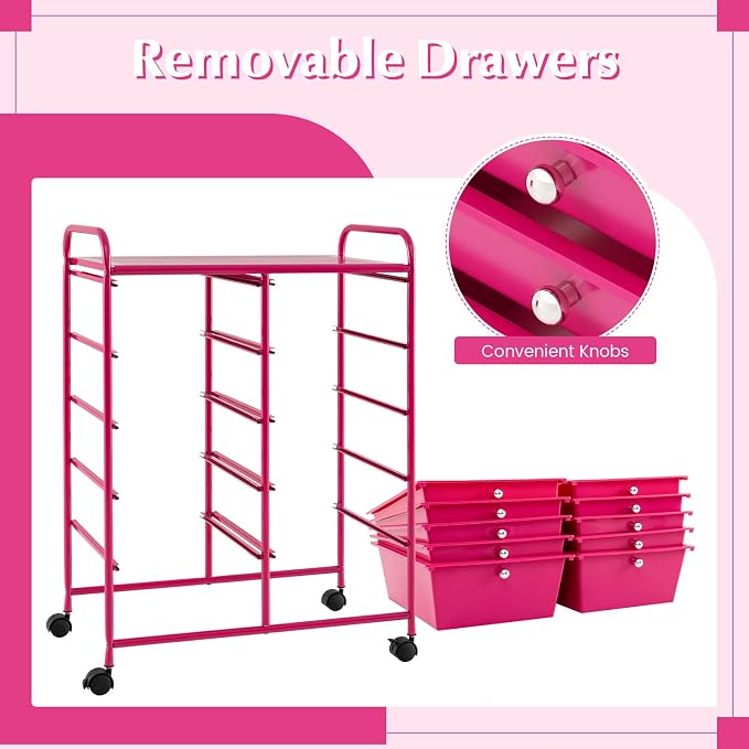 COSTWAY 10 Drawer Rolling Storage Cart, Utility Cart with Lockable Wheels | Mobile Art Supply Craft Organizer with Metal Frame, Multipurpose Drawer Cart for Paper for Office, School, Hot Pink