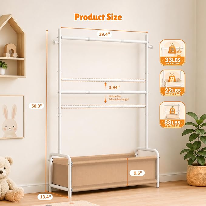 Kids Clothing Rack with Double Rod, Storage Basket & Hooks, Height Adjustable Kids Clothes Rack, Portable Baby Dress Up Garment Rack for Princess Dresses, White