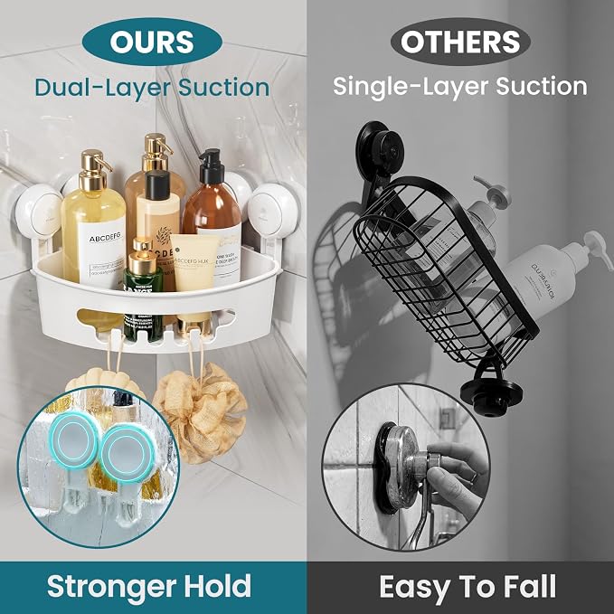TAILI Suction Corner Shower Caddy, Bathroom Shelf Storage Basket Wall Mounted Organizer for Shampoo, Conditioner, Plastic Rack for Kitchen&Bathroom, Drill-Free Removable (2 Pack)