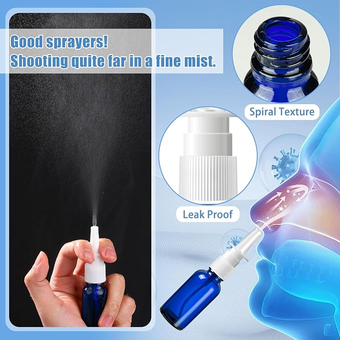 10 Pcs Nasal Spray Bottle, 0.35OZ 1OZ Empty Glass Blue Nasal Spray Bottles Refillable with 2 Funnels and 2 Labels