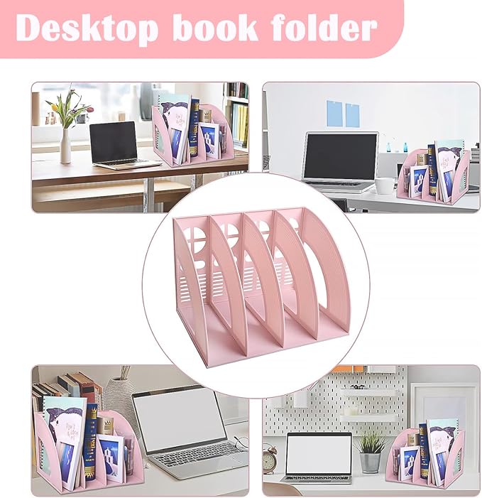 A4 File Holder Magazine File Folder Desk Organizer, 4 Vertical Compartments Bookshelf Document Divider Paper Box Bookends for Office Home Organization and Storage Racks