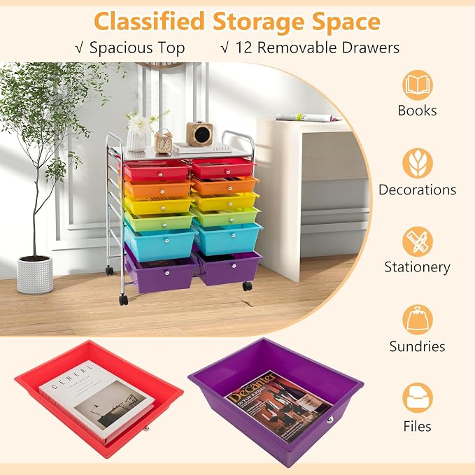 DREAMADE Rolling Cart with Storage Drawers, Utility Cart with Removable Plastic Drawers, Lockable Wheels, Art Cart for Classroom Organization Art Supplies Office Scrapbook (‎12 Drawers, Multi-color)